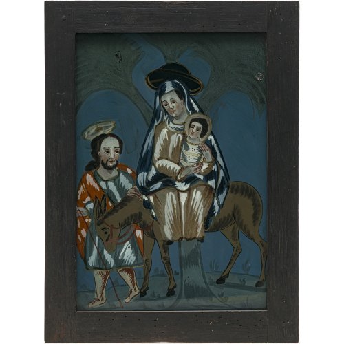 Hinterglasbild. Wohl Buchers. Flucht nach Ägypten. Tempera/Glas. 32 x 22 cm.