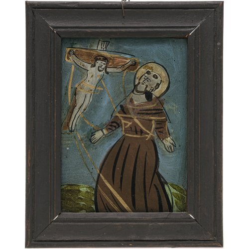 Hinterglasbild. Raimundsreut. Hl. Franziskus. Tempera/Glas. 16,5 x 12 cm. Kratzspuren, Rahmen erg..
