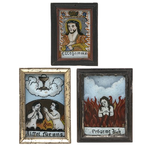 Drei Hinterglasbilder. Bayerischer Wald,  Schönstein. Ecce homo und zwei Arme-Seelen-Tafeln. Tempera/Glas. 13 x 8 cm - 14,5 x 10 cm.
