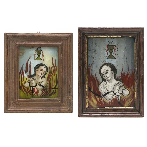 Zwei Hinterglasbilder. Seehausen. Arme-Seelen-Tafeln. Tempera/Glas. 13 x 10 cm bzw. 18 x 12,5 cm. Leicht besch.