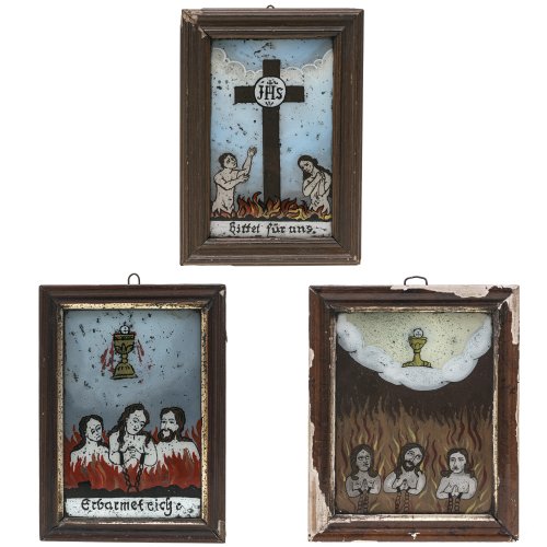 Drei Hinterglasbilder. Neukirchen und Schönstein. Arme-Seelen-Tafeln. Tempera/Glas. 15 x 11,5 cm - 17 x 11 cm. Leicht besch.