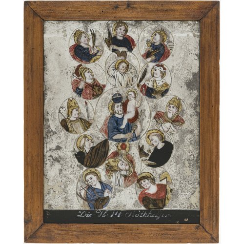 Spiegelglasbild. Schlesien. Die hl. vierzehn Nothelfer. Tempera/Spiegelglas. 35 x 27 cm. Alterungsspuren.