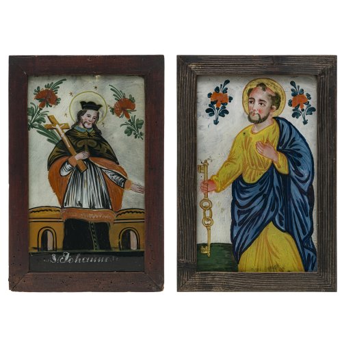Zwei Hinterglasbilder. Schlesien. Hl. Johannes von Nepomuk und hl. Petrus. Tempera/Glas. Eines rest. Je 27,5 x 17 cm.
