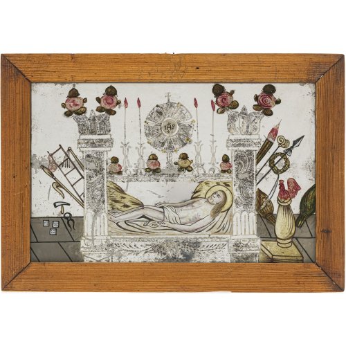 Spiegelglasbild. Schlesien. Grab Christi. Tempera/Spiegelglas. 17 x 27 cm.