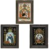 Drei Hinterglasbilder. Böhmen. Maria Hilf, hl. Dominikus und Anna mit Maria. Tempera/Glas mit Schliffdekor, vergoldet. Rest. Je ca. 19 x 13 cm.