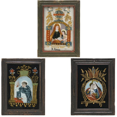 Drei Hinterglasbilder. Böhmen. Maria Hilf, hl. Dominikus und Anna mit Maria. Tempera/Glas mit Schliffdekor, vergoldet. Rest. Je ca. 19 x 13 cm.