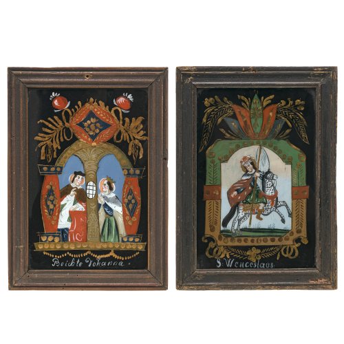 Zwei Hinterglasbilder. Böhmen. Hl. Wenzeslaus bzw. Beichte der hl. Johanna. Tempera/Glas, Schliffdekor, vergoldet. Rest. Je ca. 26 x 17 cm.