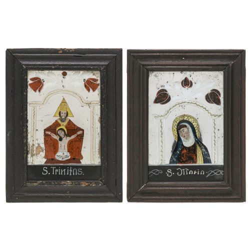 Zwei Spiegelglasbilder. Buchers. Gnadenbild von Sonntagberg und  hl. Maria. Tempera/Spiegelglas. Leich besch. Je ca. 18 x 12 cm.