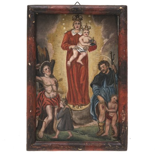 Andachtsbild. Gnadenmaria mit Kind auf der Mondsichel, flankiert von hl. Sebastian und hl. Rochus. Tempera/Papier/Holz. 23,5 x 15,5 cm.