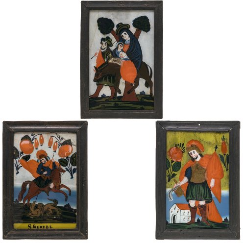 Drei Hinterglasbilder. Sandl/Buchers. Flucht nach Ägypten, hl. Florian und hl. Georg. Tempera/Glas. Je ca. 28 x 18 cm. Gläser mit Sprüngen.