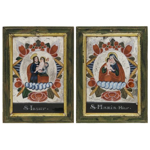 Zwei Spiegelglasbilder. Buchers/Sandl. Maria hilf bzw. Josef mit dem Jesuskind. Tempera/Spiegelglas. Rest. 24,5 x 16,5 cm.