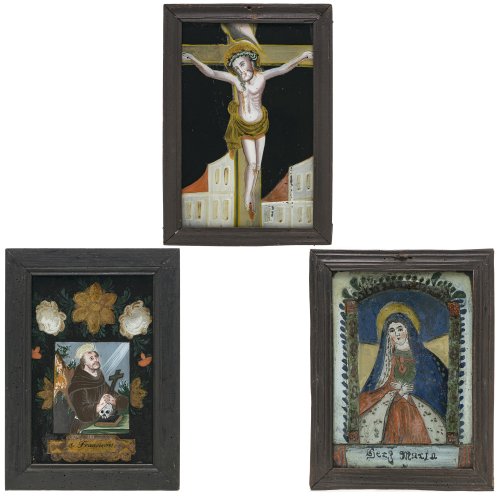 Drei Hinterglasbilder. Schönstein. Christus am Kreuz, Herz Mariä und hl. Franziskus. Tempera/Glas. Tw. besch. Je ca. 28 x 18 cm.