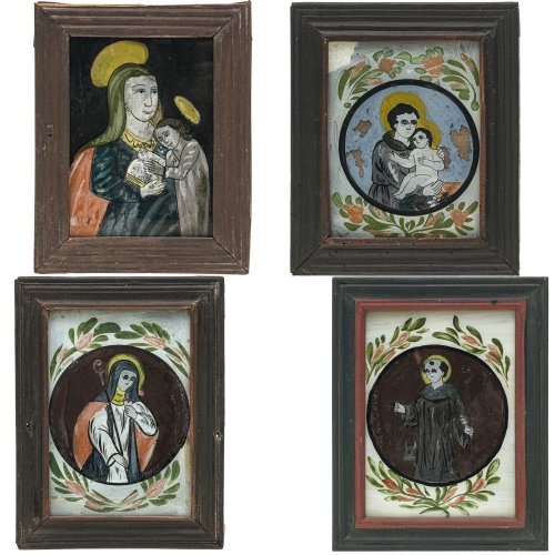 Vier Hinterglasbilder. Raimundsreut. Mutter Anna, Leonhard, Antonius, hl. Äbtissin. Temper/Glas. Besch., rest. Je ca. 17 x 12 cm.