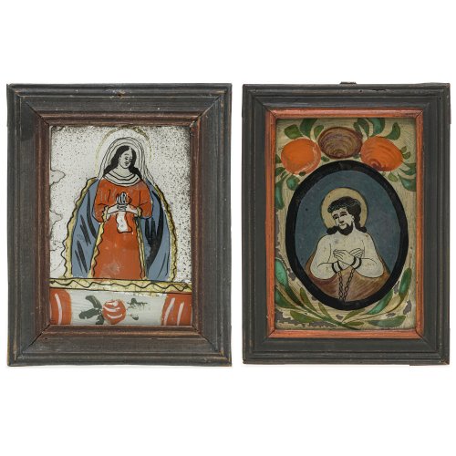 Zwei Hinterglasbilder. Raimundsreut. Maria bzw. Geißelungschristus. Tempera/Glas, eines mit partieller Silberbeschichtung. Besch. Je ca. 17 x 12 cm.