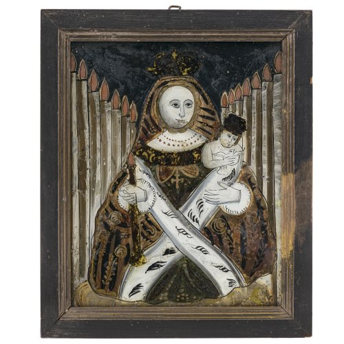 Hinterglasbild. Raimundsreut. Gnadenbild Maria Lichtmess. Tempera/Glas. Besch., rest. 36 x 28,5 cm.