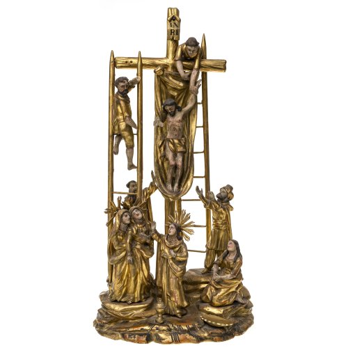 Kreuzabnahme Christi. Holz, übergangene Vergoldung. Niederbayern. Besch., Teile lose, rest. H. 57 cm.