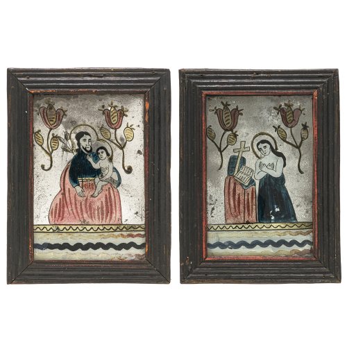 Zwei Spiegelglasbilder. Raimundsreut. Maria Magdalena bzw. Josef mit dem Jesuskind. Alterungsspuren. Je 19,5 x 12,5 cm.