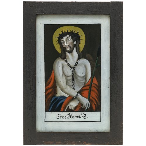 Hinterglasbild. Bayerischer Wald. Ecce homo. Tempera/Glas. Rest. 32 x 20 cm.