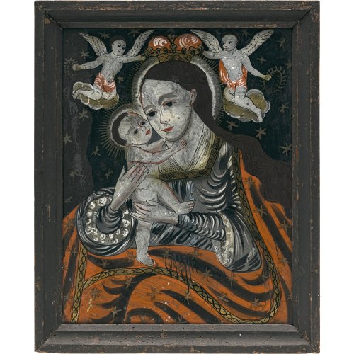 Hinterglasbild. Maria hilf. Raimundsreut oder Neukirchen. Alterungsspuren. 47 x 37 cm.