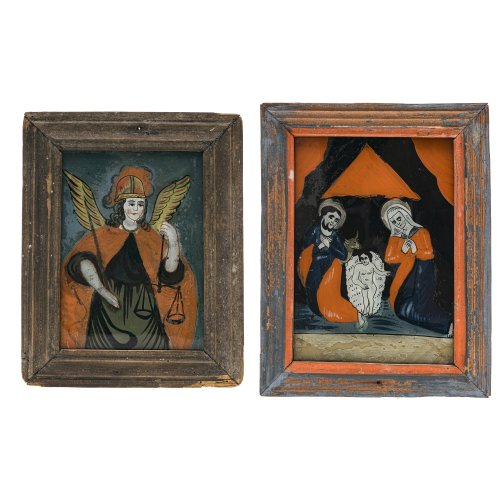 Zwei Hinterglasbilder. Hl. Erzengel Michael bzw. Heilige Familie. Niederbayern. Tempera/Glas. Besch., eines rest. Je ca. 18 x 12 cm.