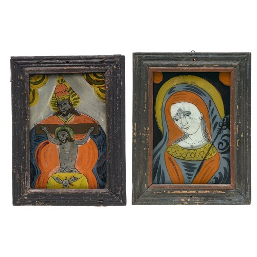 Zwei Hinterglasbilder. Raimundsreut. Gnadenbild von Sonntagberg bzw. schmerzvolle Muttergottes. Tempera/Glas. Farbablösungen. Je 19 x 12,5 cm.