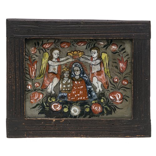 Hinterglasbild. Raimundsreut. Gekrönte Maria mit dem Jesuskind. Tempera/Glas. Alterungsspuren. 15 x 20 cm.