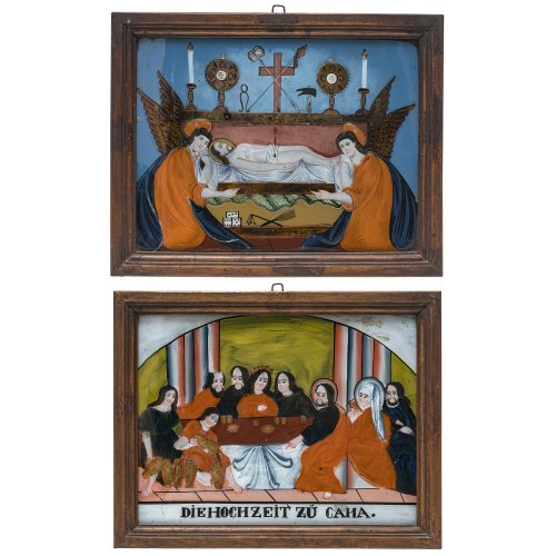 Zwei Hinterglasbilder. Die Hochzeit zu Kanaa bzw.  Grab Christi. Ein Glas mit Sprung, rest. Tempera/Glas. Nussbaum-Profilrahmen. Je 29 x 38 cm.
