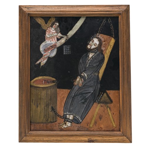 Hinterglasbild. Raimundsreut. Gegeißelter Christus. Tempera/Glas. Rest. 41 x 32 cm.