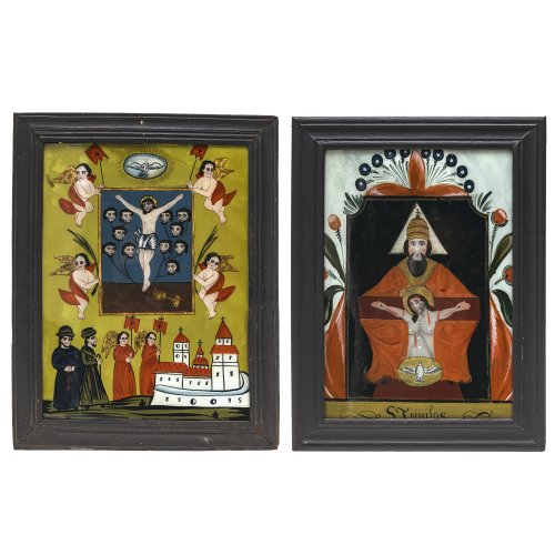 Zwei Hinterglasbilder. Sandl/Buchers. Christus als Weinstock bzw. Gnadenbild von Sonntagberg. Tempera/Glas. Rest. 40 x 29 cm bzw. 38 x 26,5 cm.