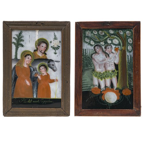 Zwei Hinterglasbilder. Schlesien. Adam und Eva im Paradies bzw. Flucht nach Ägypten. Tempera/Glas. Farbablösungen. Je ca. 27 x 17 cm.