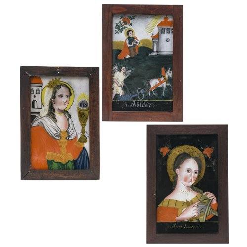 Drei Hinterglasbilder. Schlesien. Hl. Isidor, hl. Katharina und hl. Barbara. Tempera/Glas. Kratzspuren, tw. rest. Je ca. 27 x 17 cm.