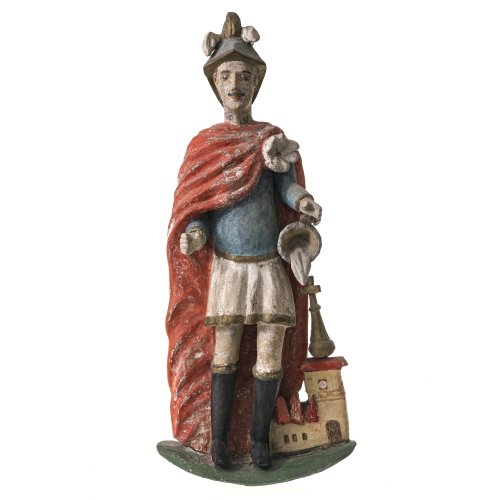 Hl. Florian. Holz, Farbfassung. Als Wandfigur gearbeitet. Besch., eine Hand rest. H. 70 cm.