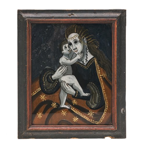 Hinterglasbild. Raimundsreut. Maria hilf. Tempera/Glas. Farbablösungen, Rahmen besch. 25,5 x 20 cm.