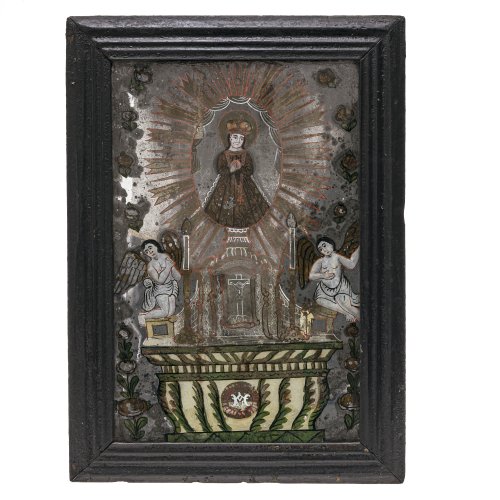 Spiegelglasbild. Bayern oder Böhmen. Altar mit Tabernakel und Jesuskind im Strahlenkranz. Alterungsspuren. Tempera/Glas. 47 x 29,5 cm.