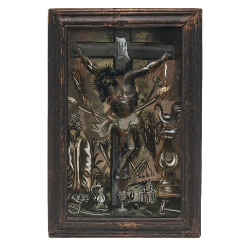 Hinterglasbild. Böhmen. Christus am Kreuz mit den Arma Christi. Expressive Darstellung. 44 x 26 cm.