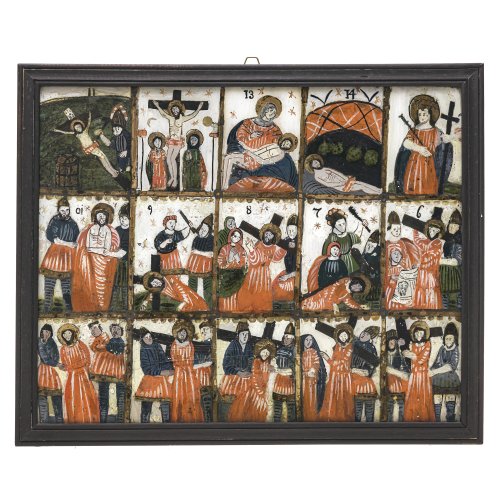 Hinterglasbild. Raimundsreut. Kreuzweg mit den 15 Stationen auf einer einzigen Tafel. Tempera/Glas. Besch., Glas mit Sprüngen, rest. 38 x 47,5 cm.