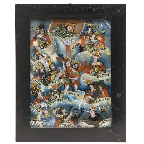 Hinterglasbild. Österreich oder Schlesien. Die vierzehn Nothelfer. Tempera/Glas. Rest. 38,5 x 28 cm.