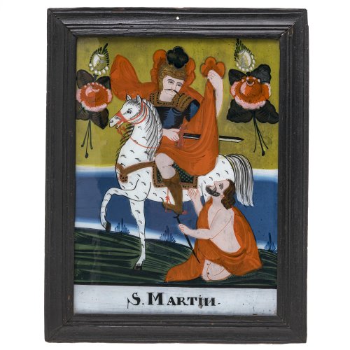 Hinterglasbild. Sandl/Buchers. Hl. Martin. Tempera/Glas. Rest. 38,5 x 28 cm.
