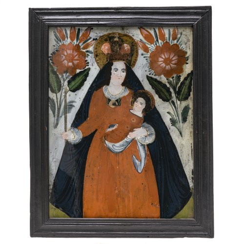 Hinterglasbild. Sandl/Buchers. Maria mit dem Jesuskind. Tempera/Glas. Farbablösungen, rest. 40 x 30 cm.