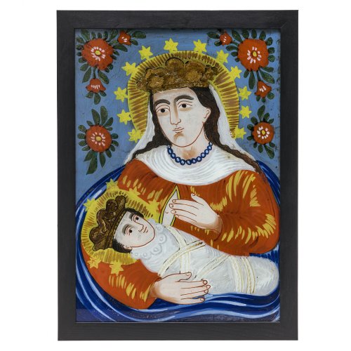 Hinterglasbild. Italien. Gnadenbild der Gottesmutter mit dem gefatschten Jesuskind im Arm. Tempera/Glas. Rest. 44 x 30,5 cm.