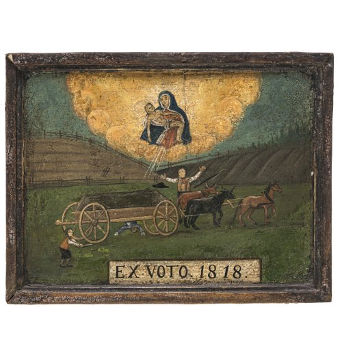 Votivtafel. Niederbayern. Pietà-Gnadenbild über Fuhrwerk. Tempera/Holz. Rest. 21 x 28 cm.