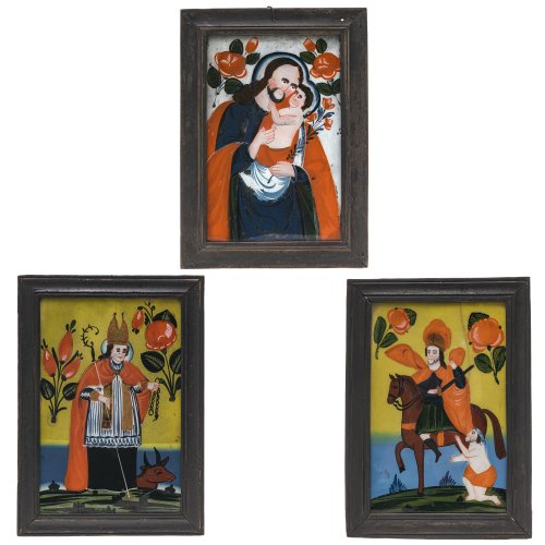 Drei Hinterglasbilder. Sandl/Buchers. Hl. Leonhard, hl. Martin und hl. Josef. Tempera/Glas. Rest. Ein Glas mit Sprung. Je ca. 28 x 18 cm.