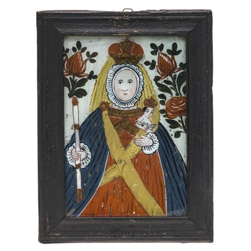 Hinterglasbild. Niederbayern. Gnadenbild Maria Lichtmess. Tempera/Glas. Farbablösungen, rest. 25,5 x 17 cm.
