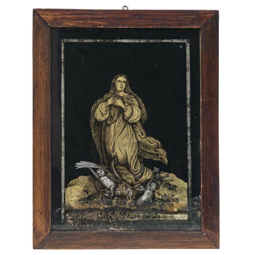 Eglomisébild. Hl. Maria Magdalena. Gold, Silber, Schwarzlot/Glas. Leicht besch. 35 x 25 cm.