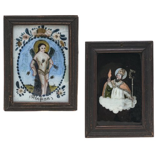 Zwei Hinterglasbilder. Süddeutsch. Hl. Sebastian bzw. hl. Bischof. Tempera/Glas. Rest. Je ca. 18 x 12 cm.