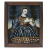 Hinterglasbild. Raimundsreut. Maria mit dem gefatschten Jesuskind im Arm. Tempera/Glas, Details in Goldbronze. Leicht besch., rest. 30,5 x 25,5 cm.