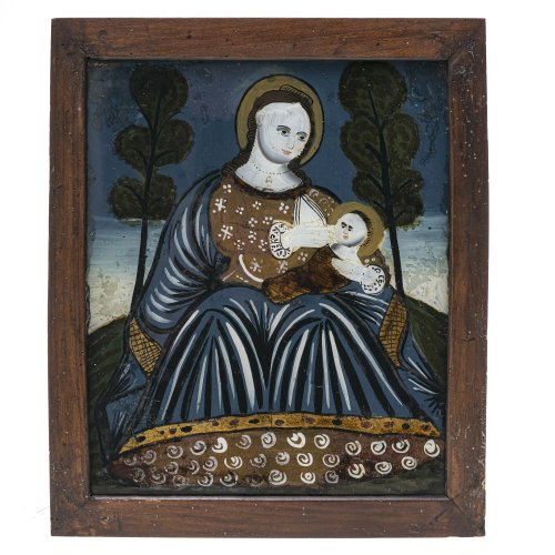 Hinterglasbild. Raimundsreut. Maria mit dem gefatschten Jesuskind im Arm. Tempera/Glas, Details in Goldbronze. Leicht besch., rest. 30,5 x 25,5 cm.