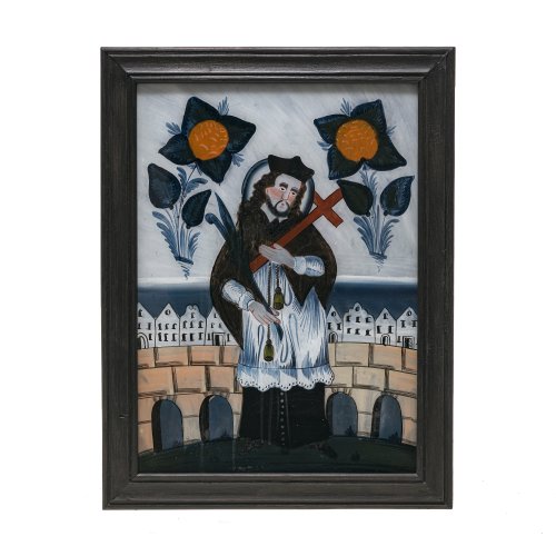 Hinterglasbild. Sandl/Buchers. Hl. Johannes von Nepomuk. Rest. Tempera/Glas. 38 x 27,5 cm.