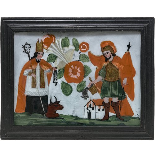 Hinterglasbild. Sandl. Hl. Leonhard und hl. Florian. Tempera/Glas. Rest. 29,5 x 39 cm.