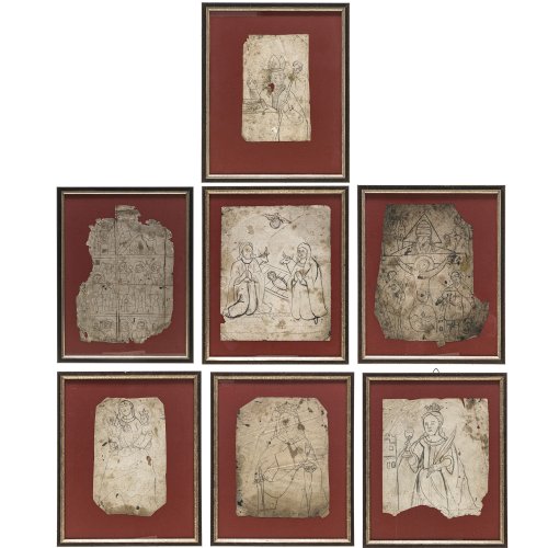 Sieben Risse zu Hinterglasbildern. Bleistift/Papier. Verschiedene Größen. Besch., fragmentarisch. Gerahmt.